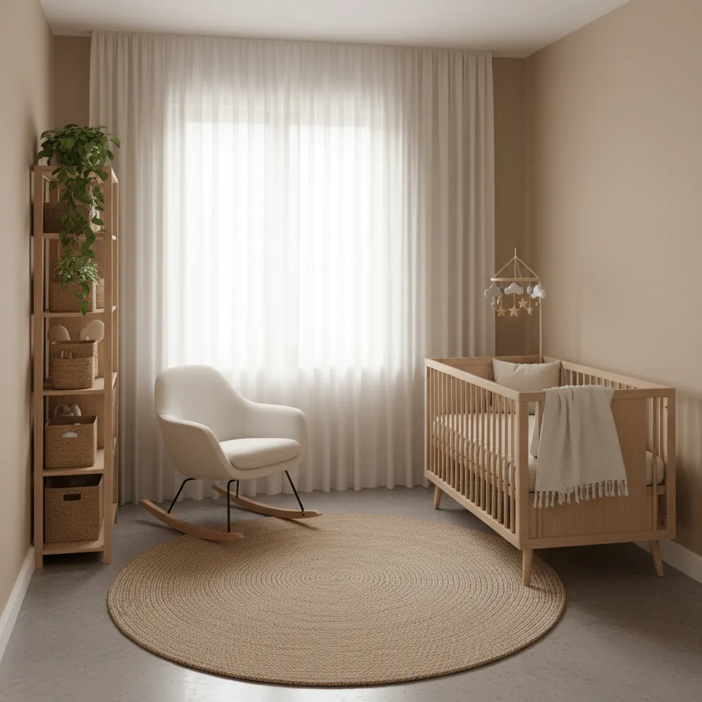 designer nursery layout with crib against wall and open center space