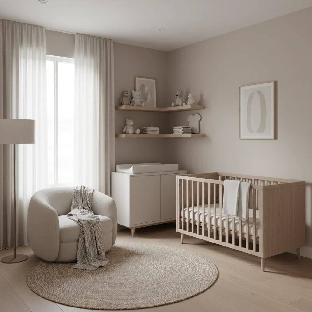 Compact nursery layout with crib and wall storage