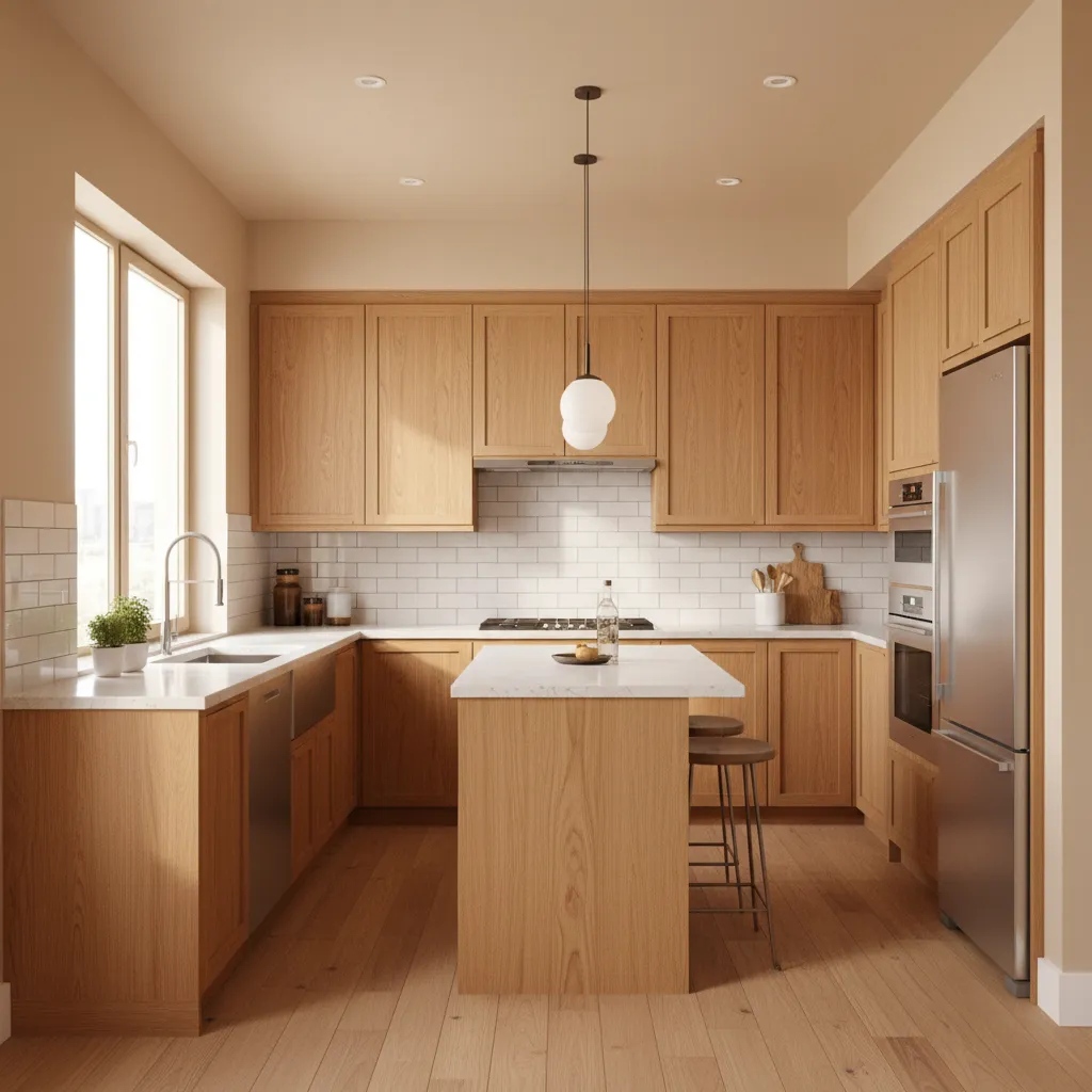 Bright kitchen layout featuring oak cabinets white tile backsplash wooden island bar stools and ceiling light