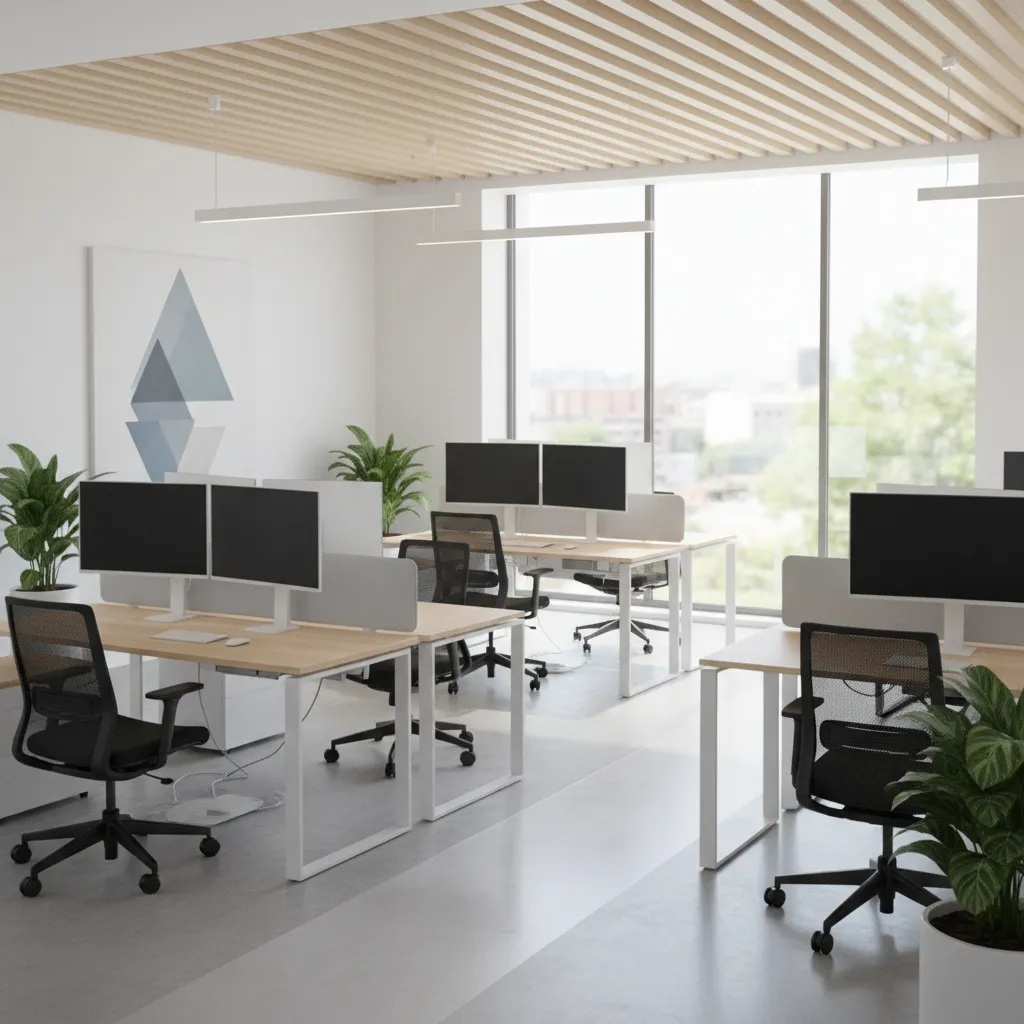 3D visualization of a small office layout with multiple workstations and walking space