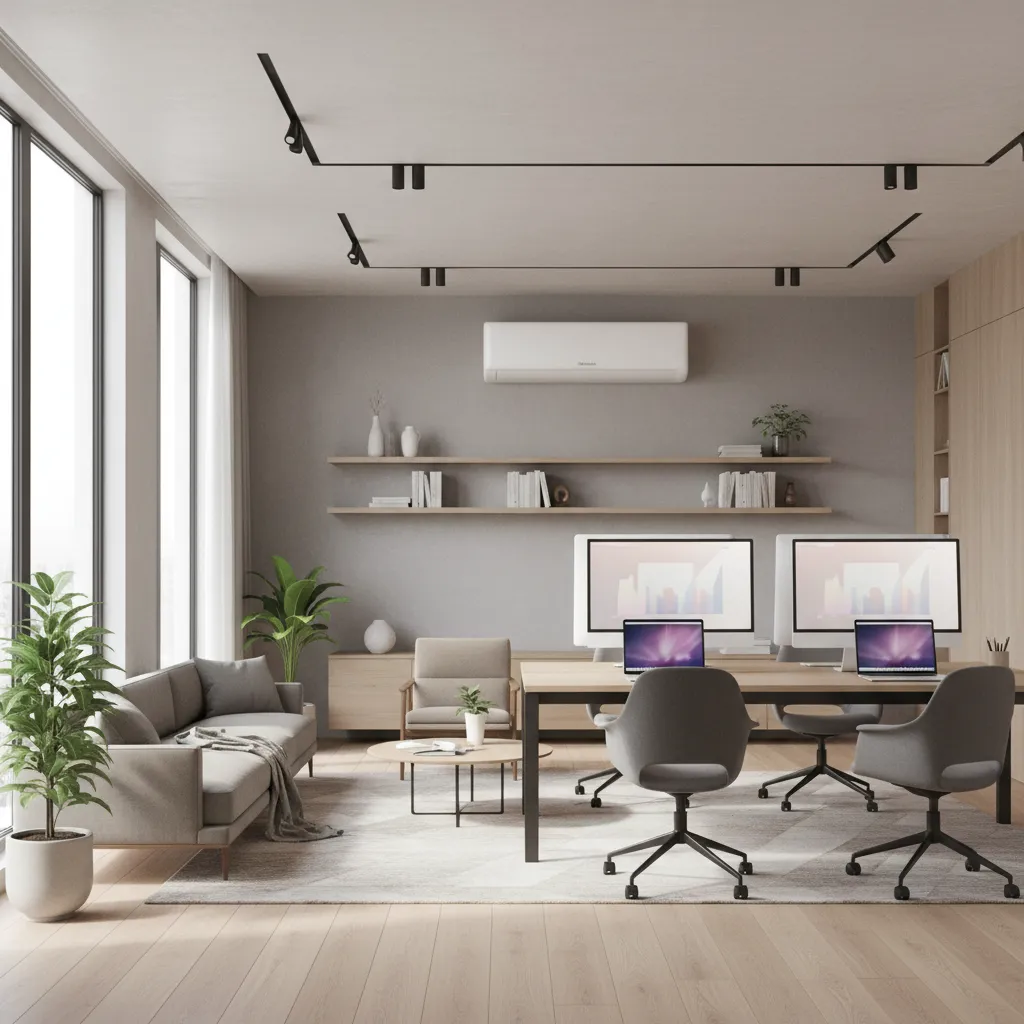 Small 500 sq ft office interior with wall mounted mini split air conditioner above workspace