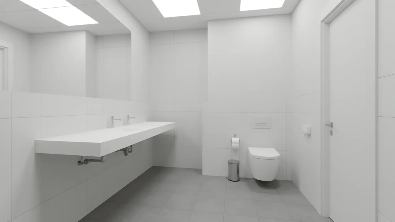 linear layout small office bathroom with wall mounted fixtures