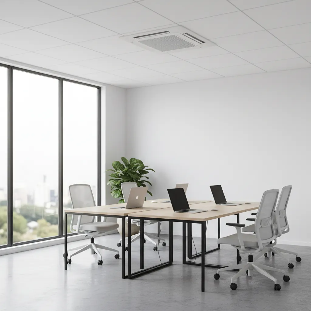 Small office workspace with ceiling cassette air conditioner
