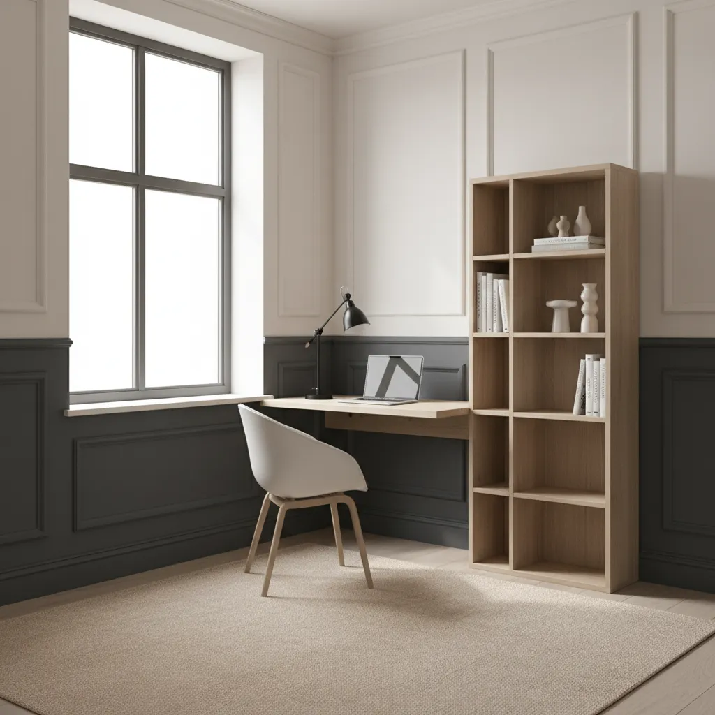Compact home office with chair rail and two tone paint walls