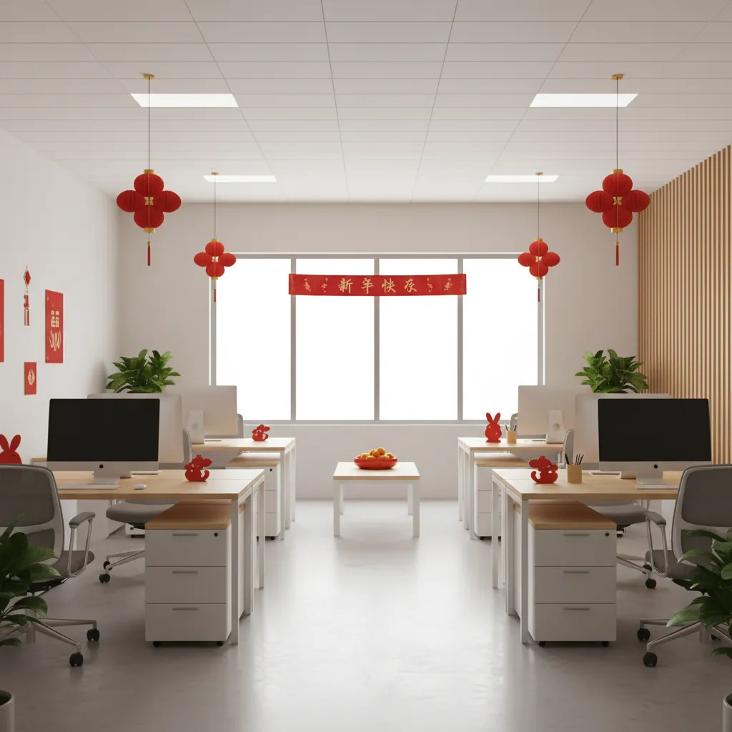 small office decorated with simple Chinese New Year decorations