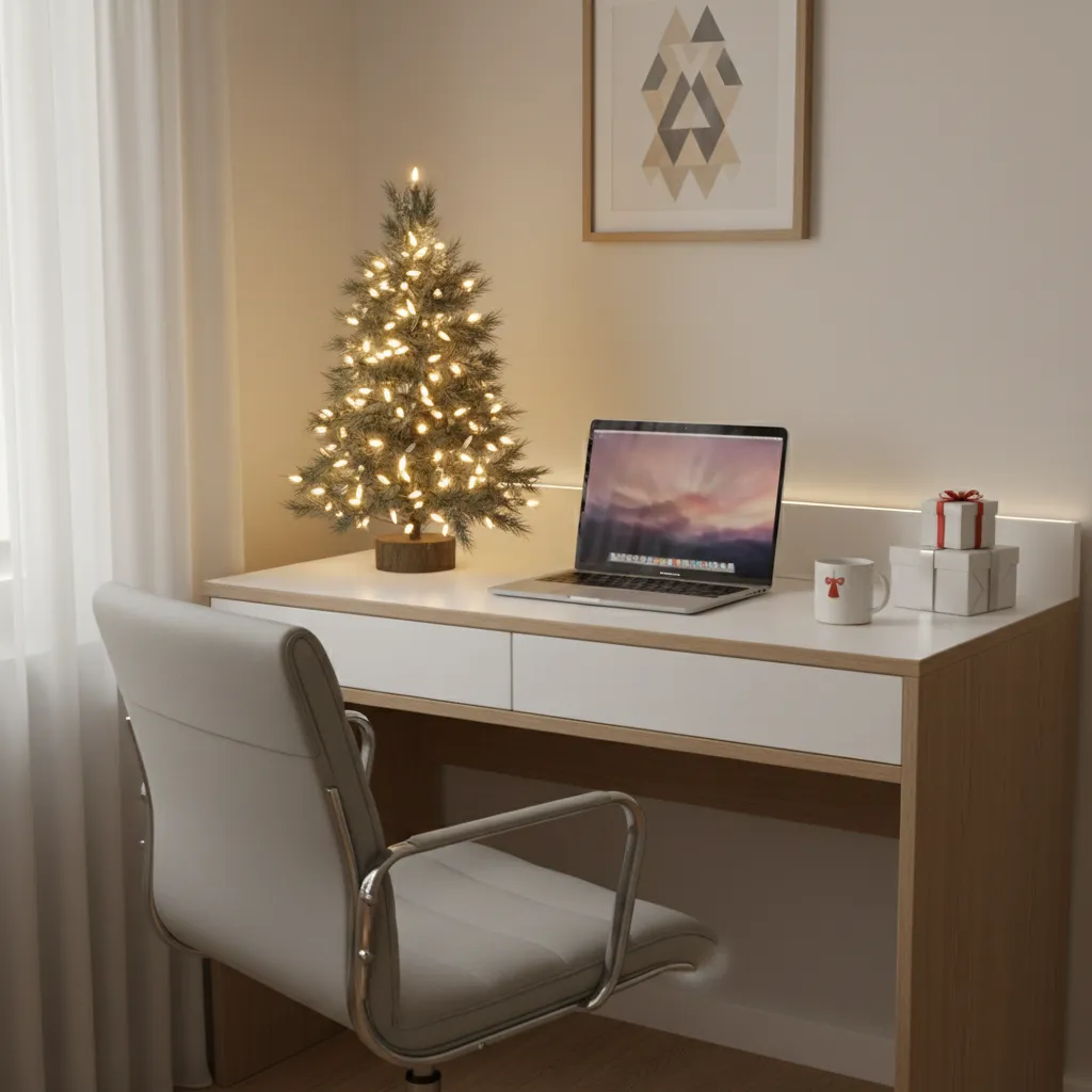 Small office desk decorated with mini Christmas tree and warm lights