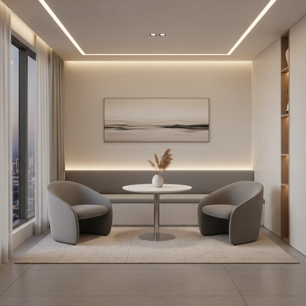 small collaboration corner with two chairs and table inside a compact office