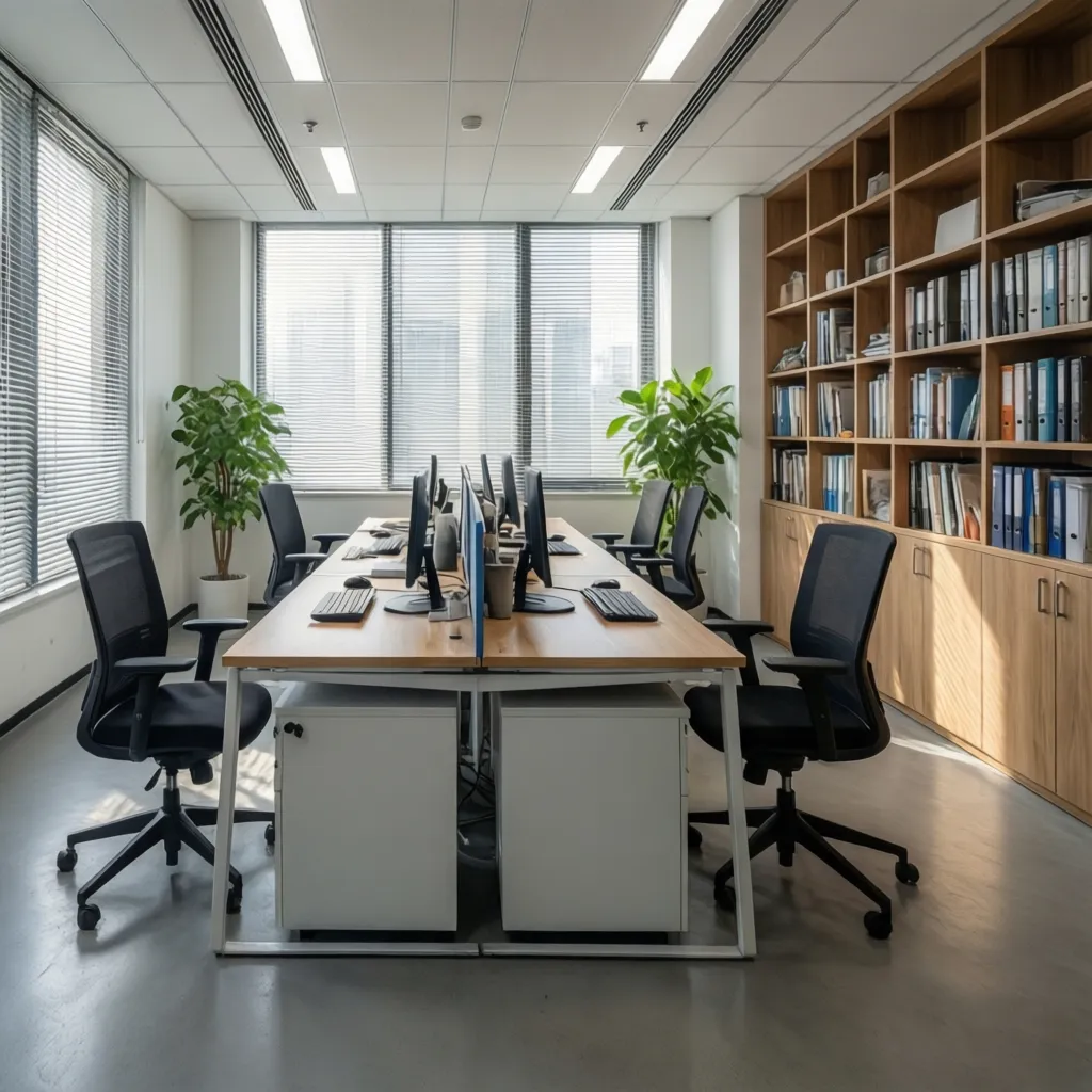 Diseño eficiente de oficina pequeña con mobiliario modular