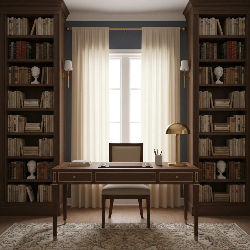 Small office desk positioned between two tall bookcases