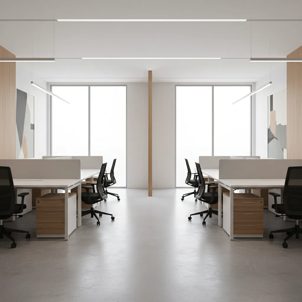 Small office workstation clusters with clear walking paths