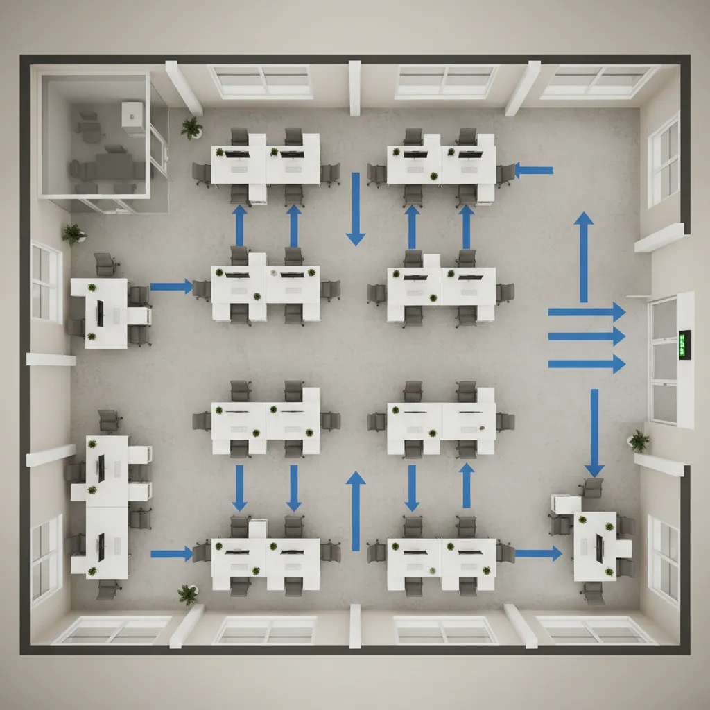 Small office layout with directional evacuation arrows leading to exit
