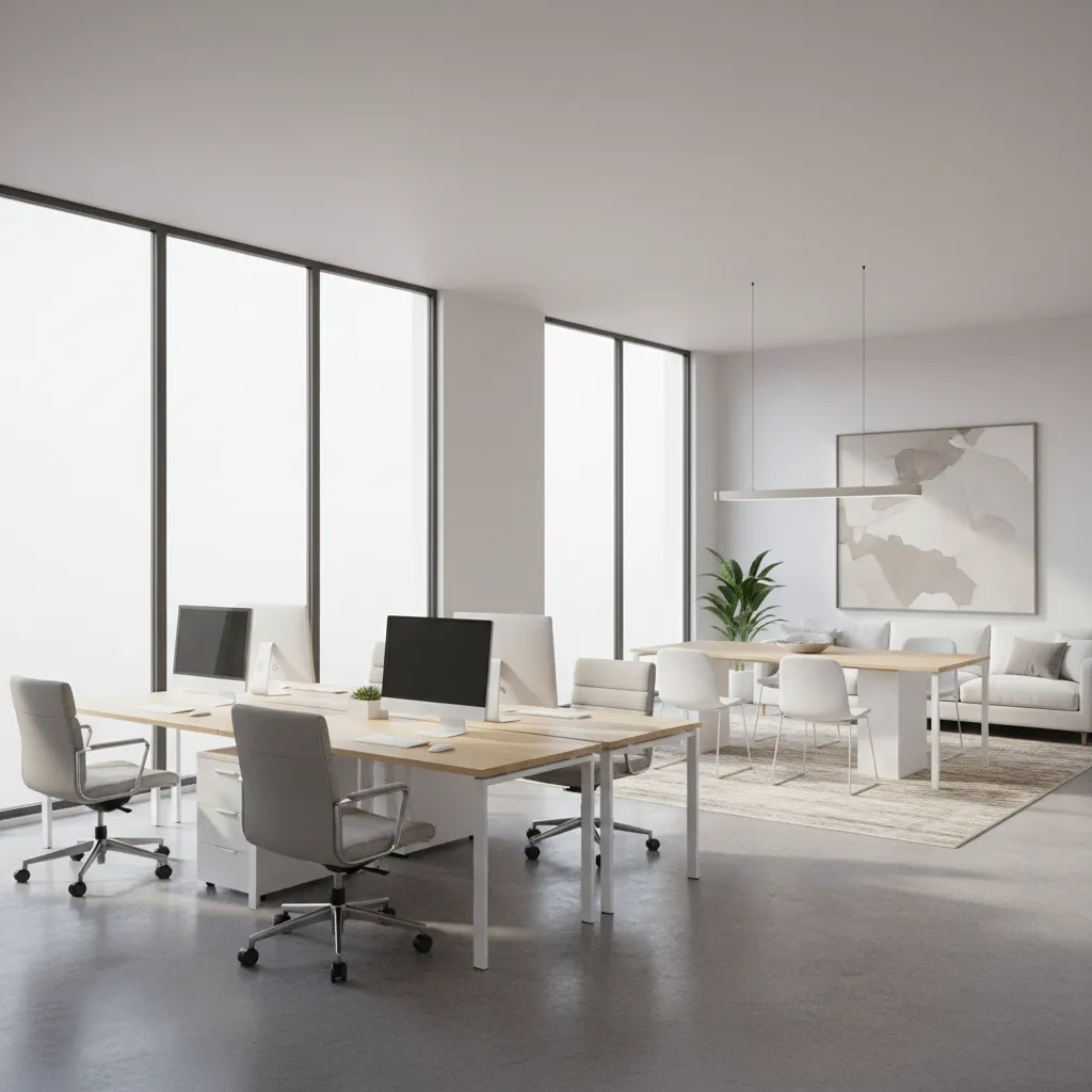 3D visualization of a small modern office layout with desks and meeting area