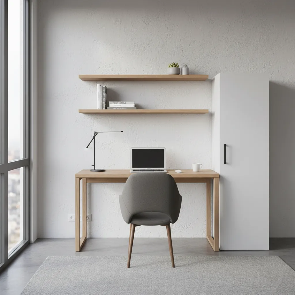 distribución eficiente de una oficina pequeña con escritorio contra la pared