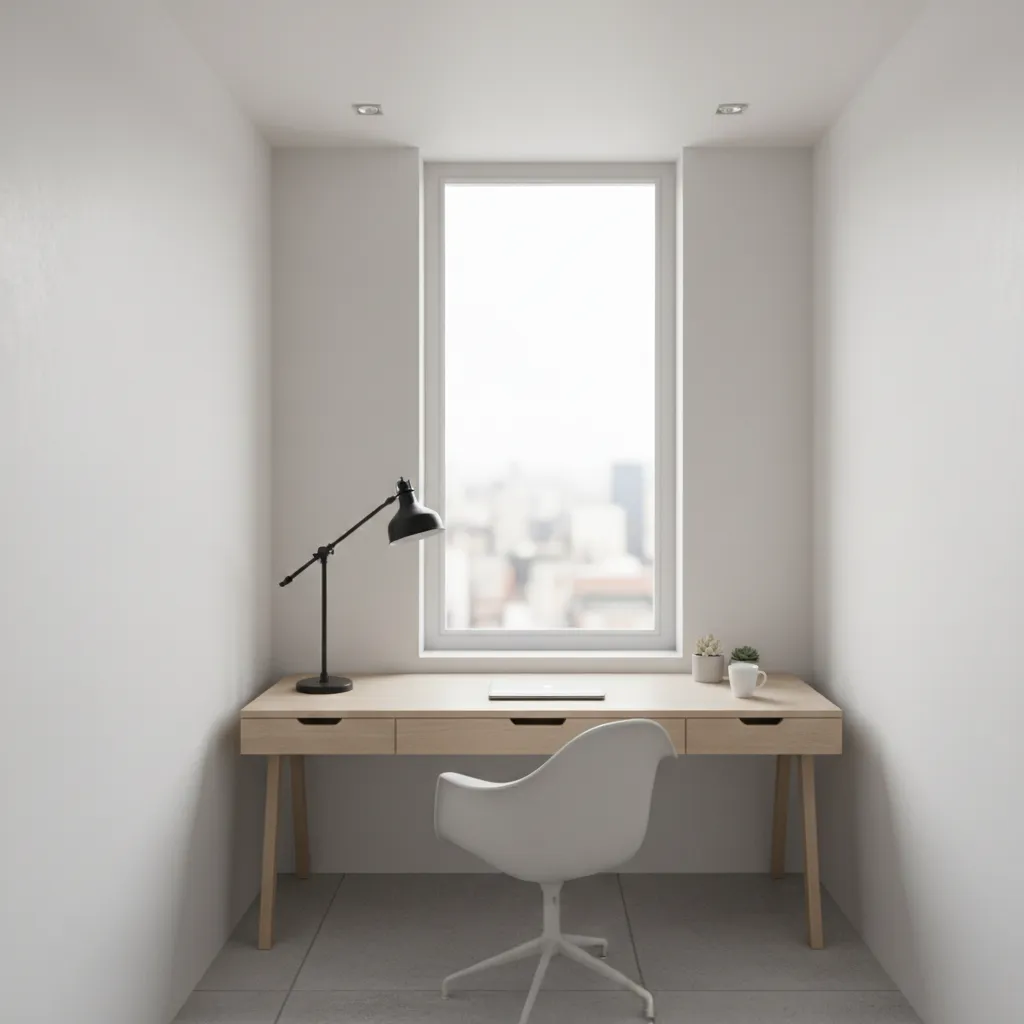 Small office layout showing desk near window and layered lighting