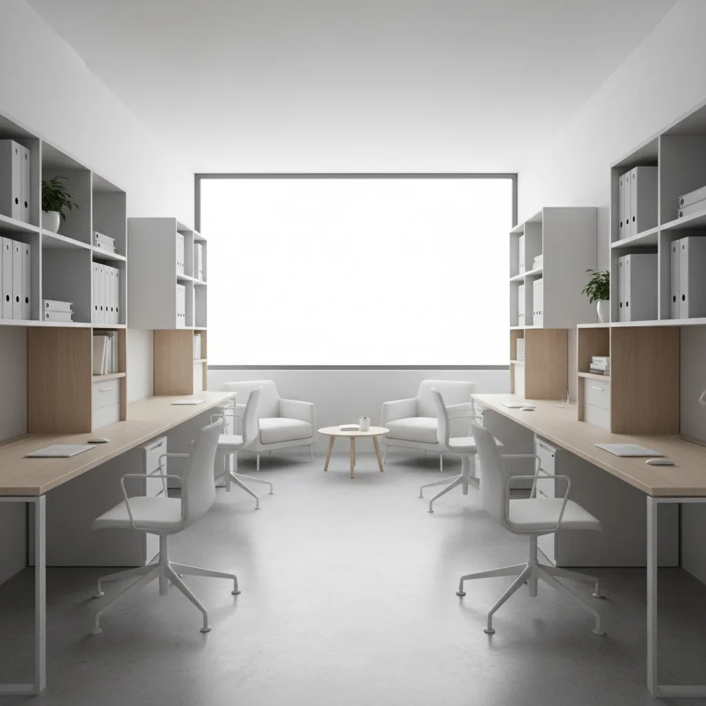 Small office layout with wall desks and efficient storage