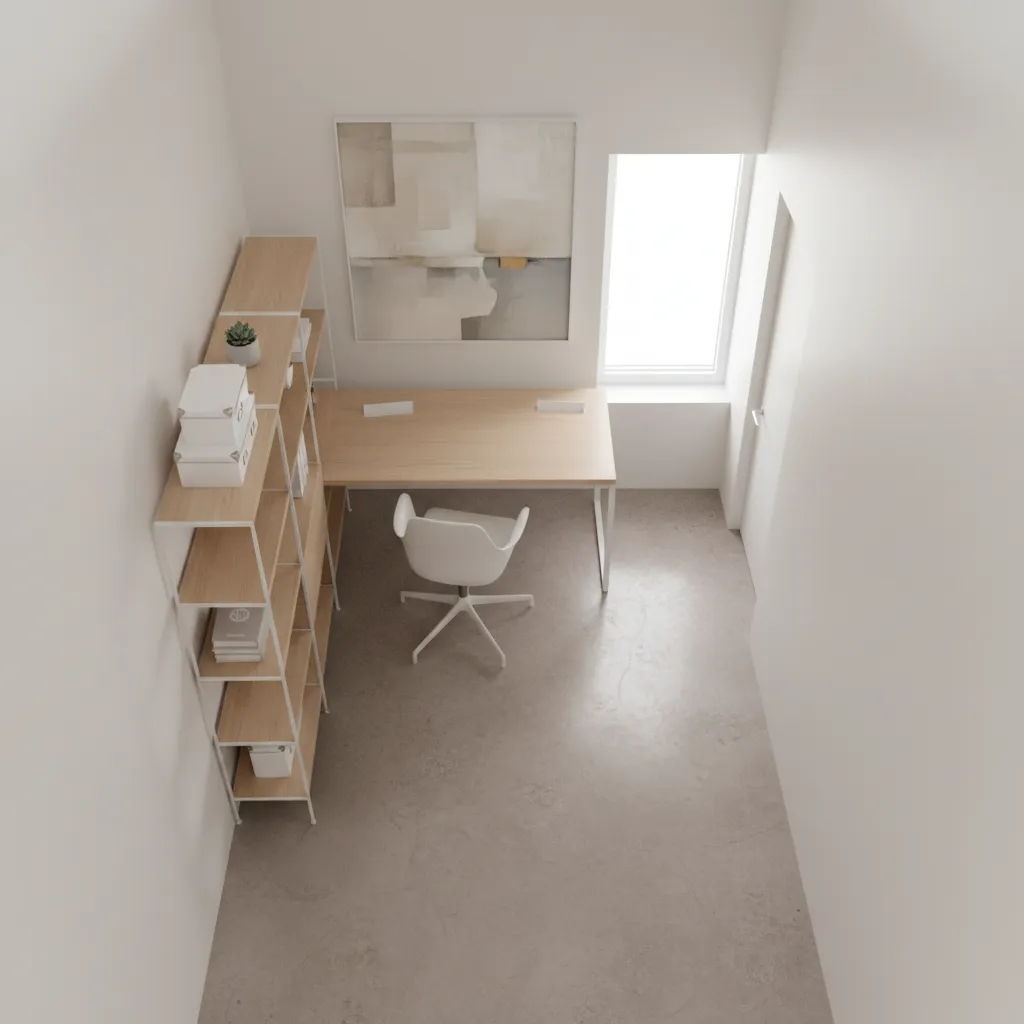 Small office layout planning with desk chair shelves and clear walking path