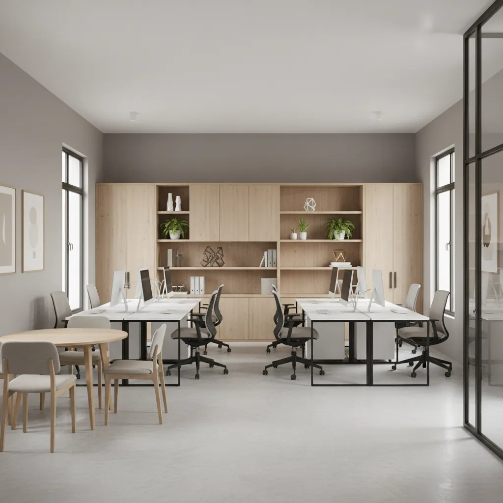 Small office layout visualization with desks meeting area and circulation space