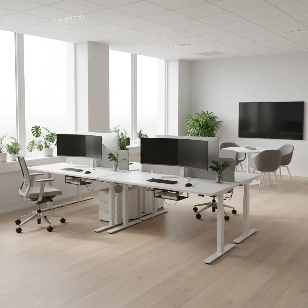 organized small office layout plan showing desks, walkways, and meeting area