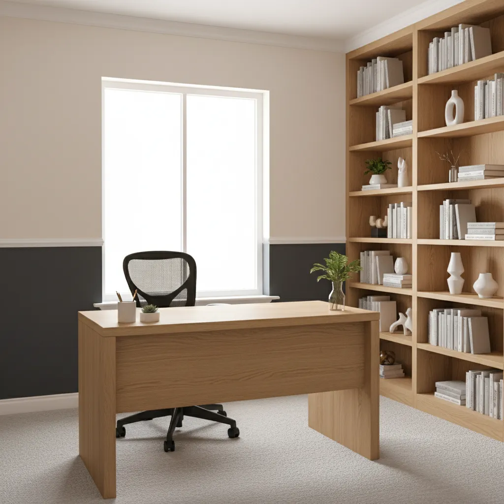 Small home office with light upper wall and dark lower wall chair rail paint design
