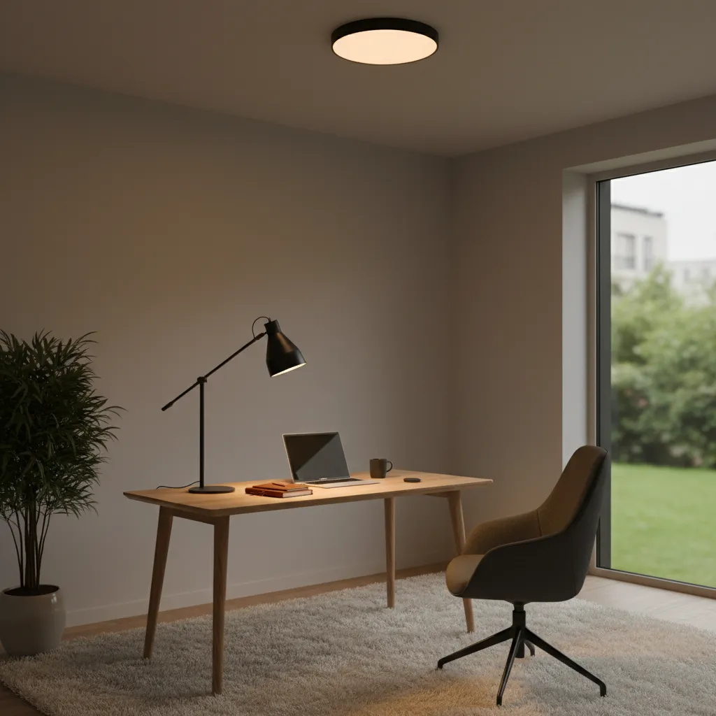 Small home office showing layered lighting with desk lamp and ambient light