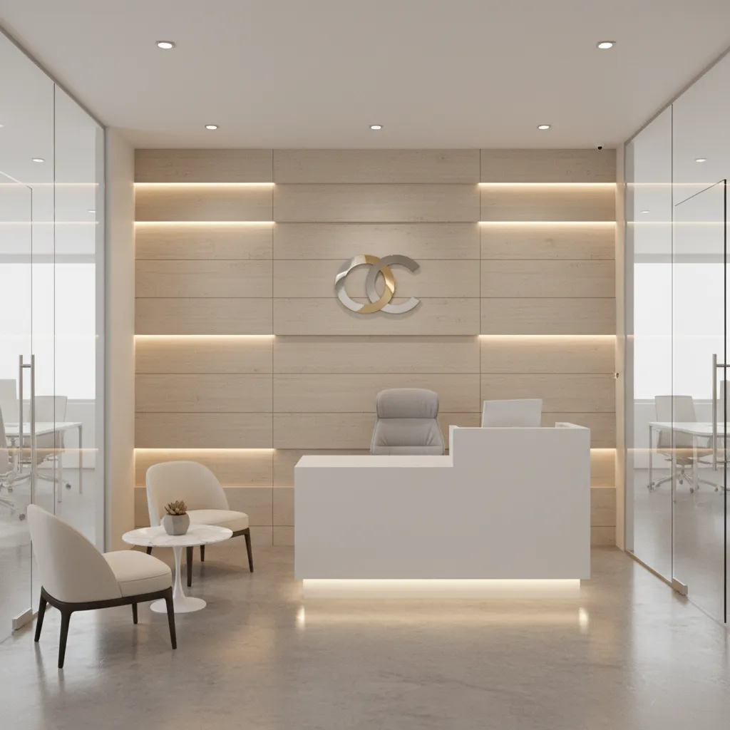 Small office reception wall with minimalist branding