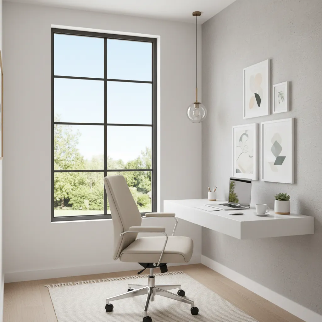 small modern office with floating desk and large window