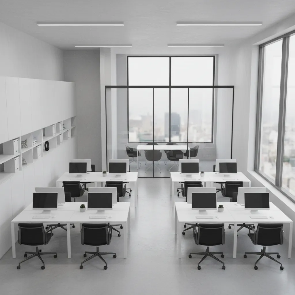 compact office layout with optimized desk arrangement and clear circulation paths