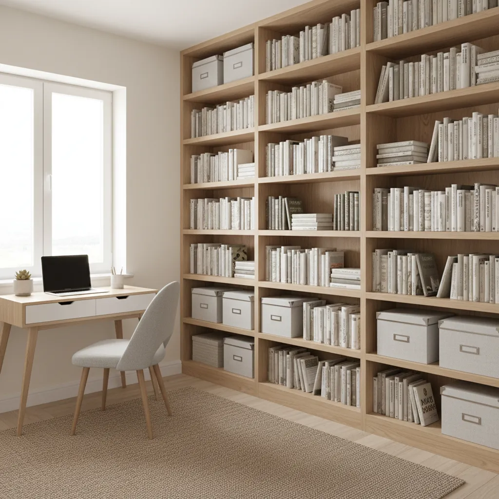 Compact home office with vertical storage wall and shelves
