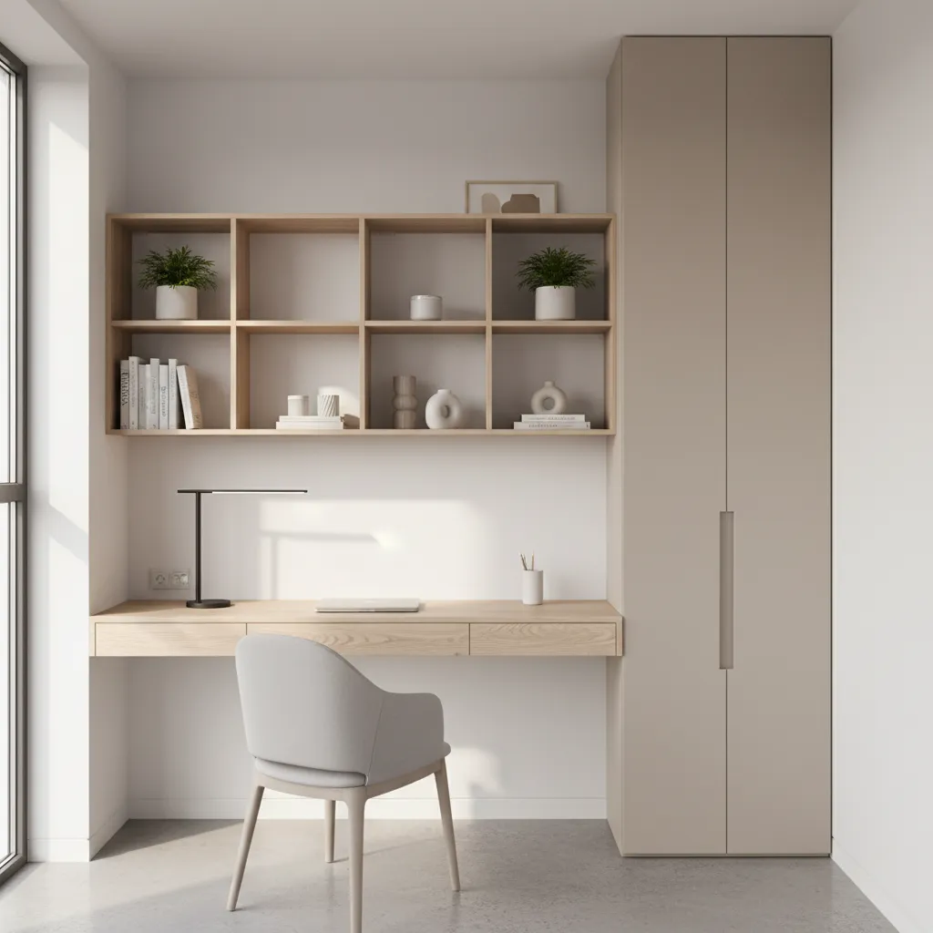 small office with vertical shelves floating desk and efficient storage layout