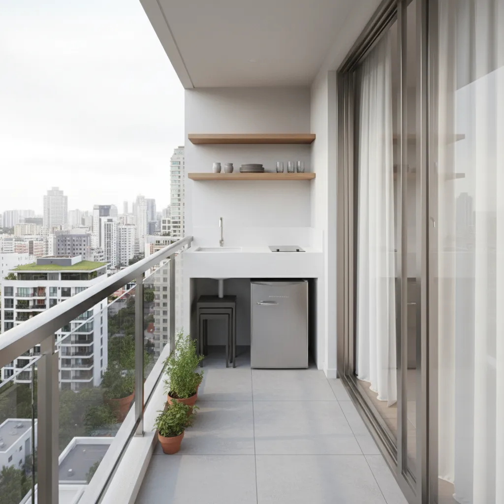 Small open kitchen balcony with compact prep counter and outdoor airflow