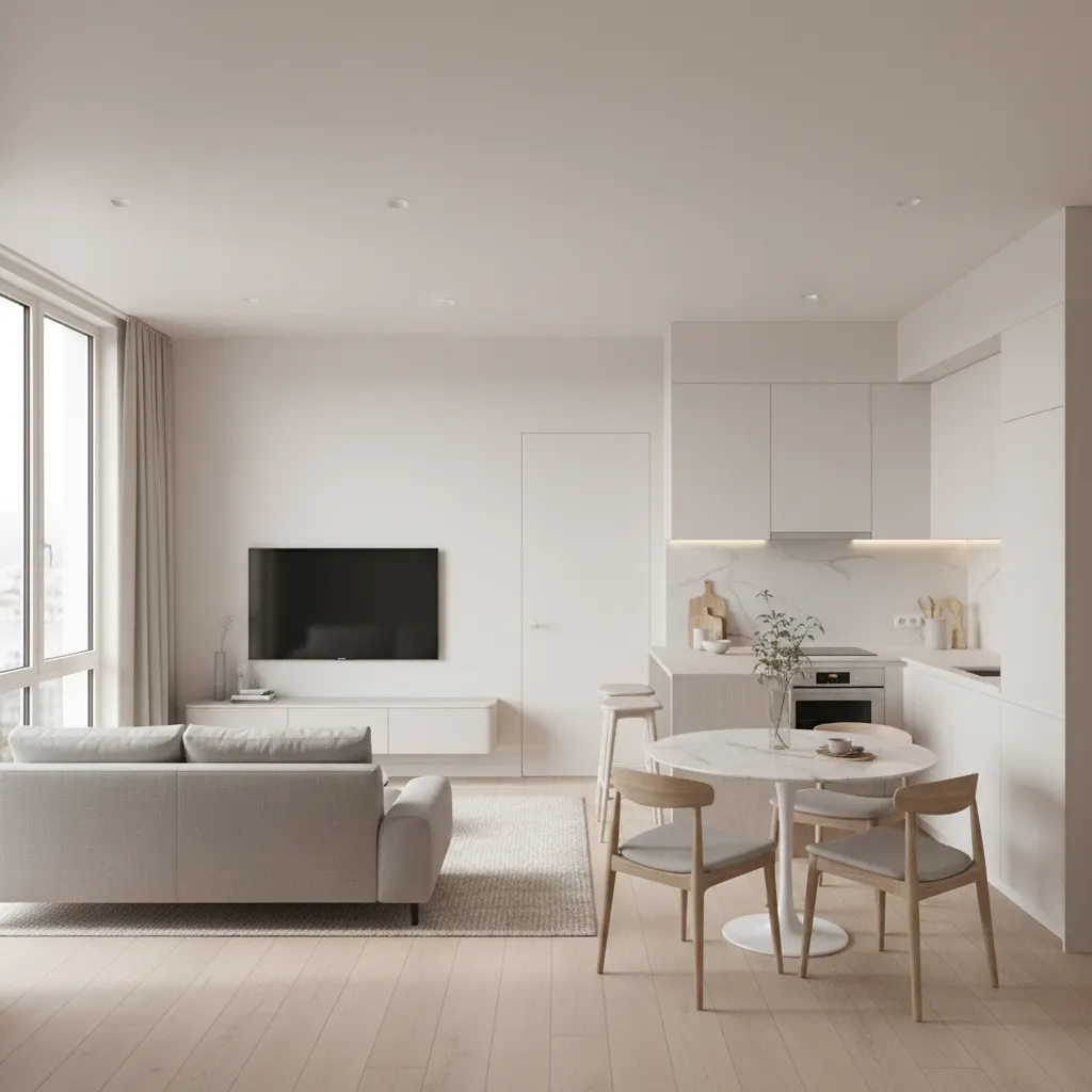 Compact open concept living dining kitchen layout in a small apartment
