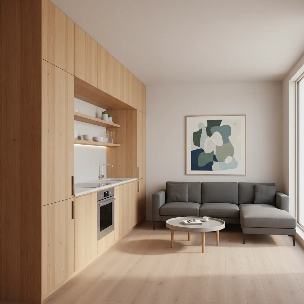 Small open concept kitchen living room with vertical storage and shelves