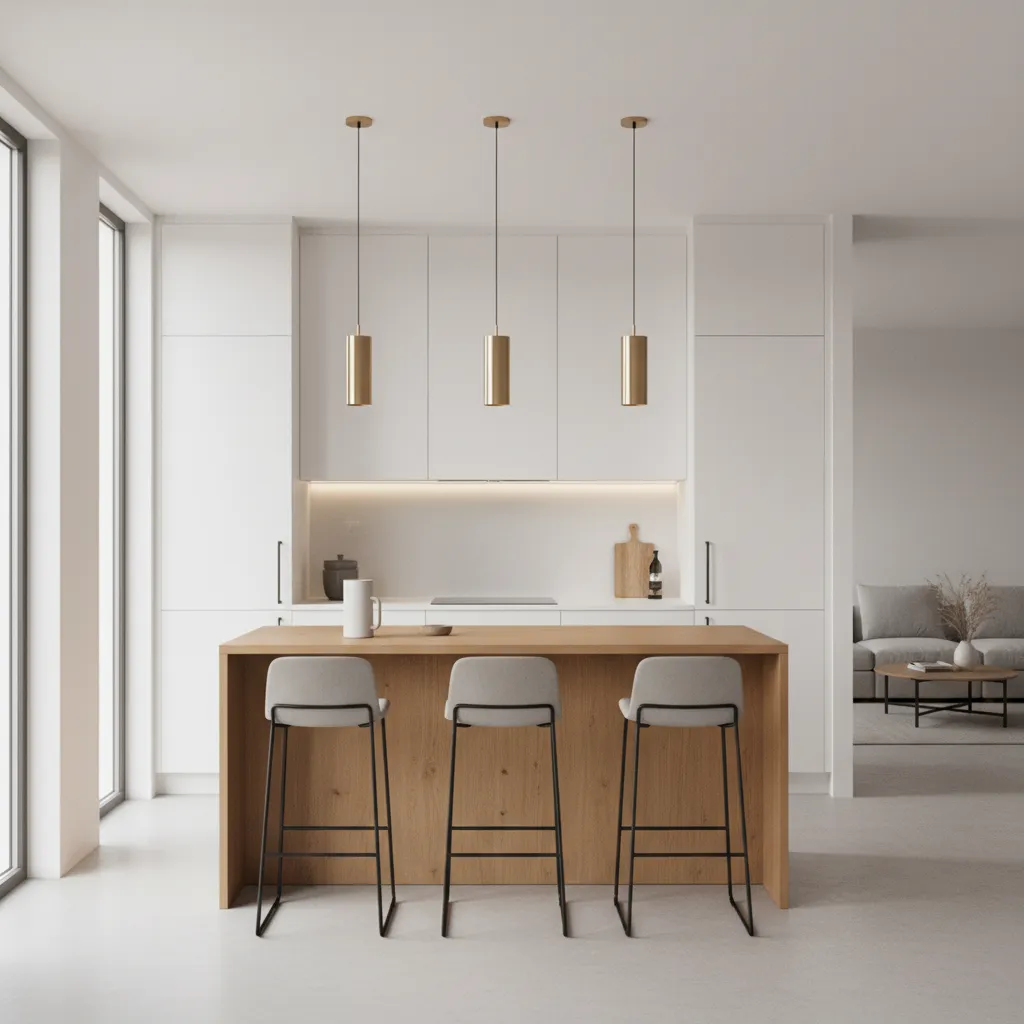 Modern white kitchen featuring wooden island with three stools and three gold hanging ceiling lights