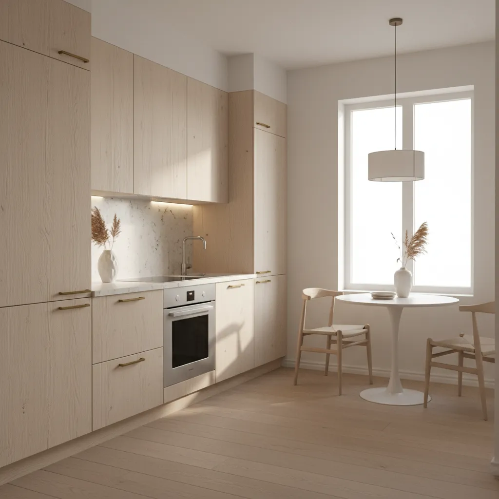 Light neutral color palette in small open plan kitchen