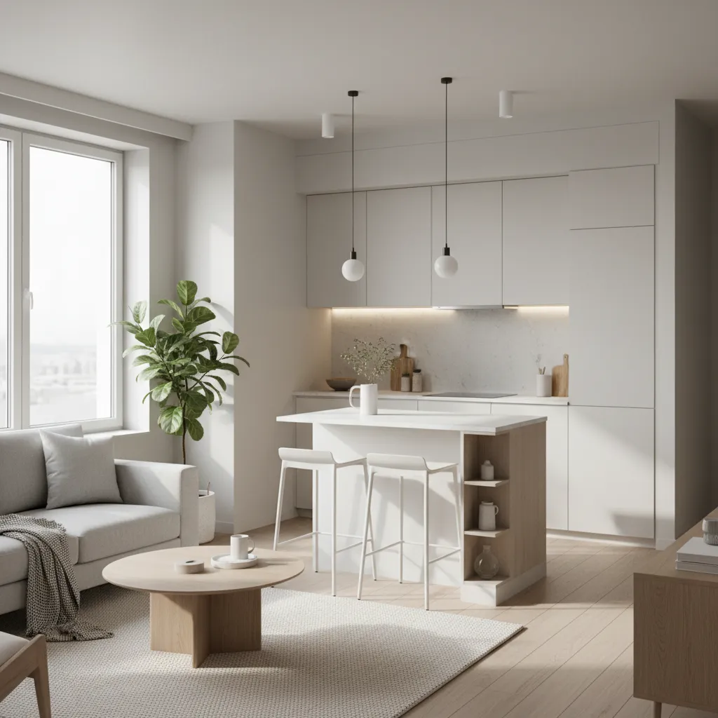 Small open plan kitchen connected to living room with cohesive design