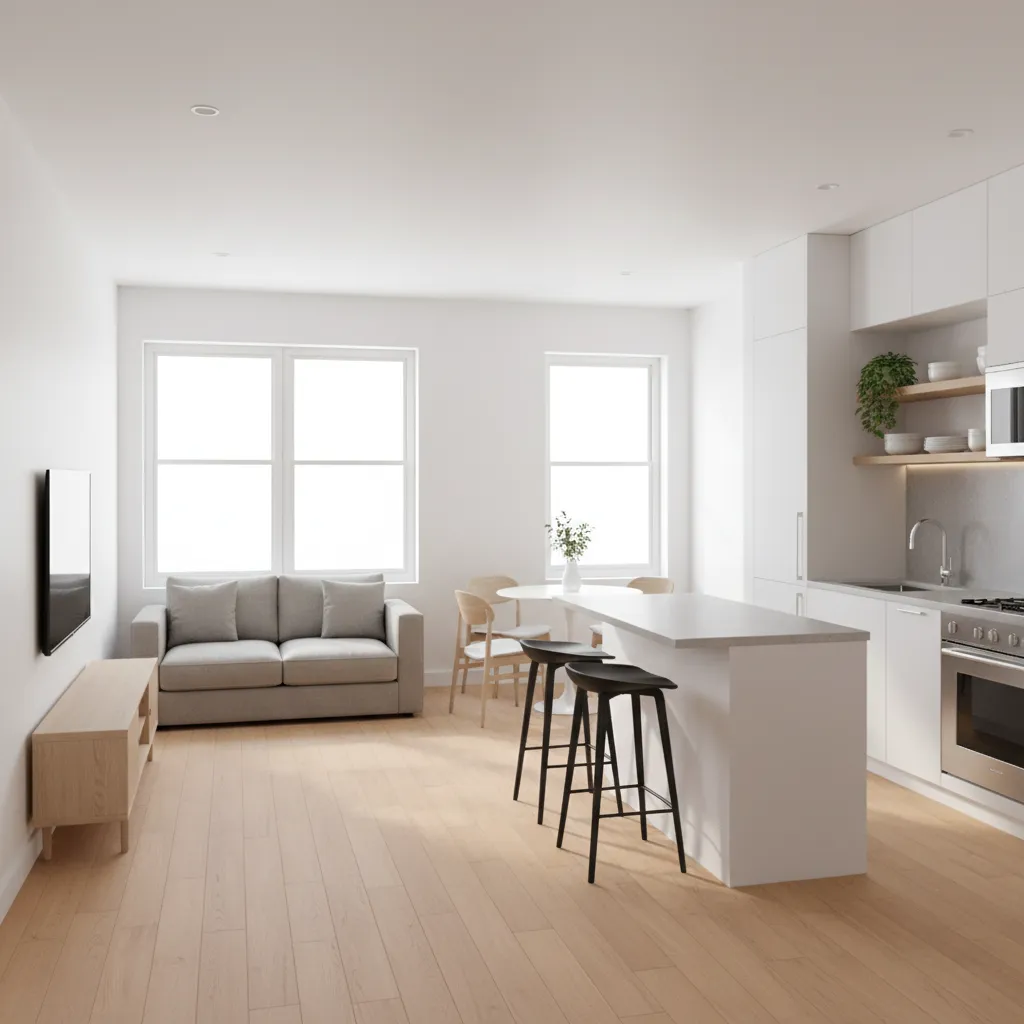 Small apartment with compact open kitchen and living room design