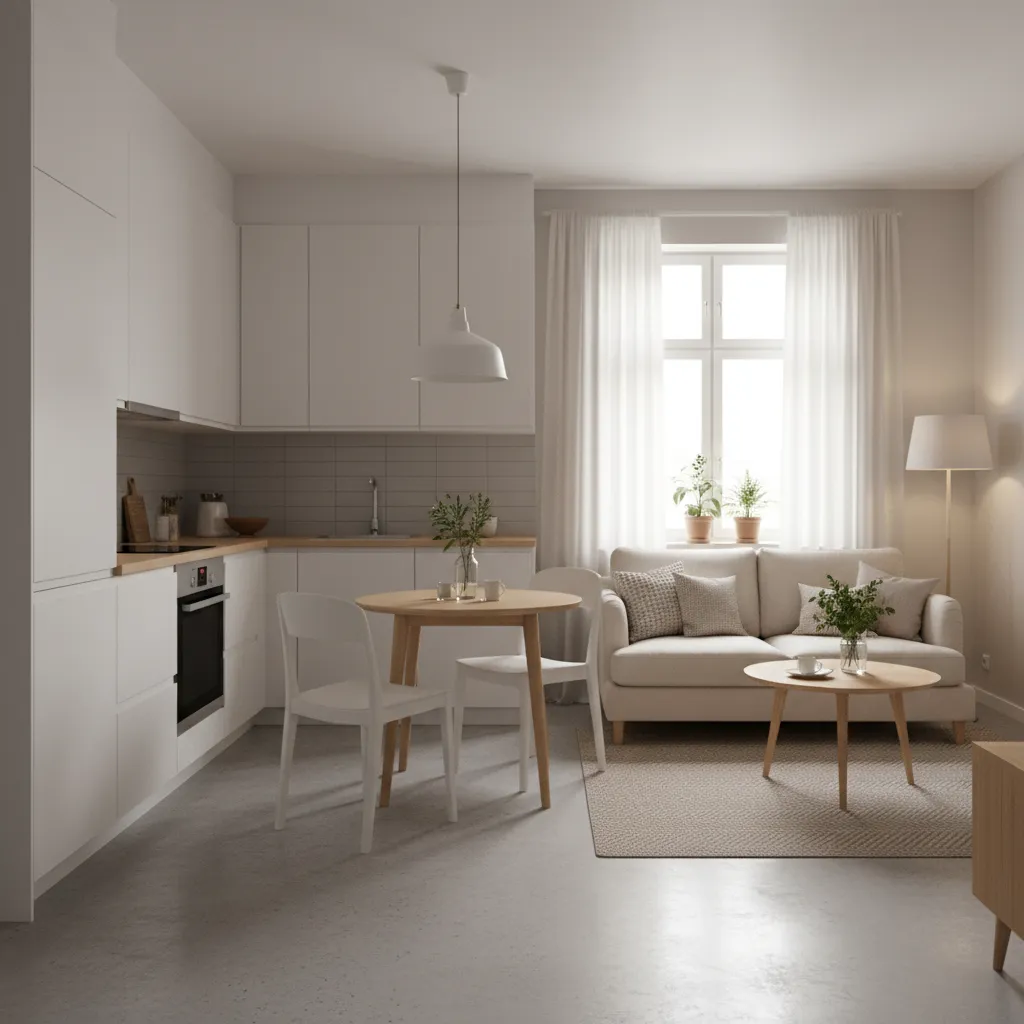 Small apartment open kitchen living room layout with sofa and compact dining area