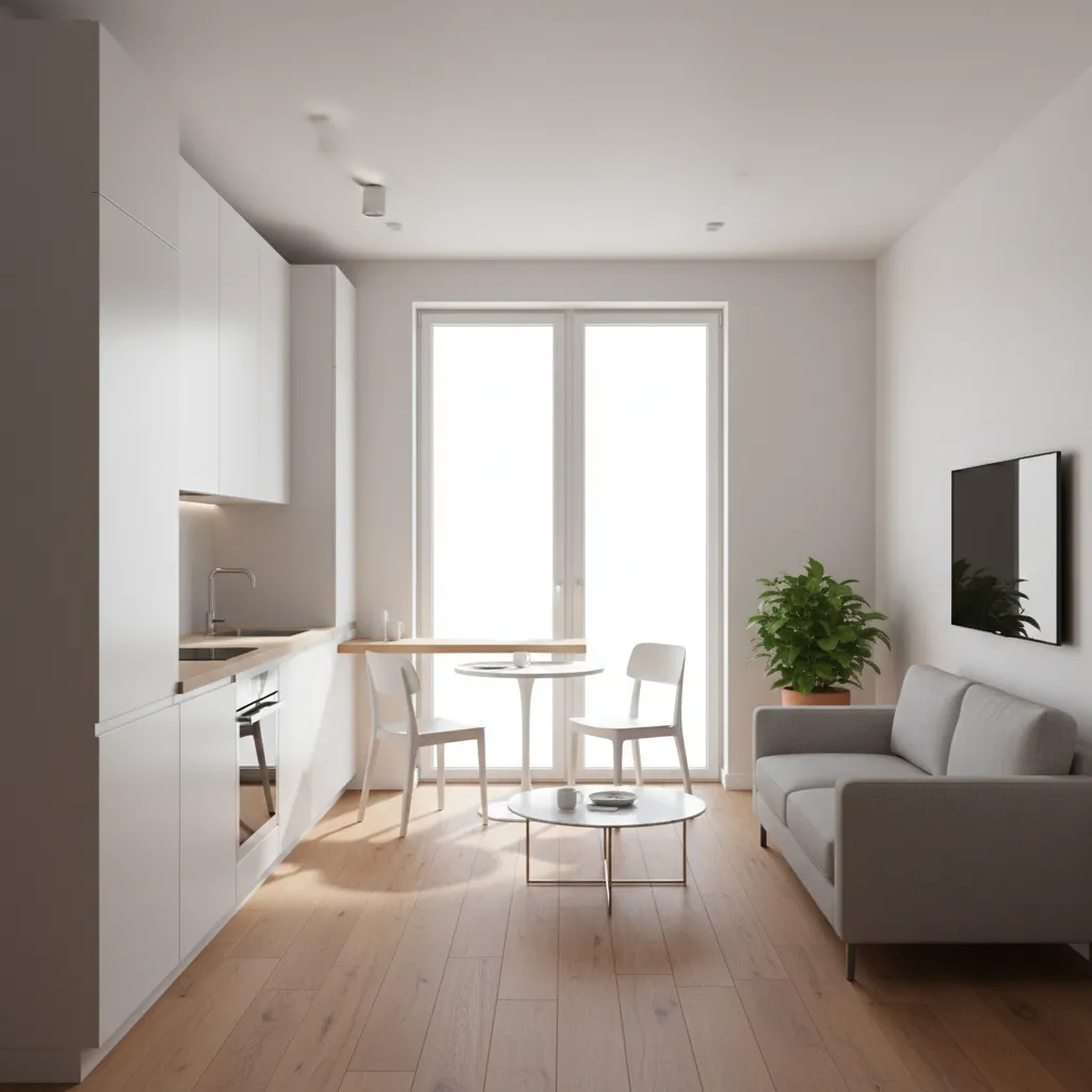 Small apartment open kitchen and living room with shared space layout