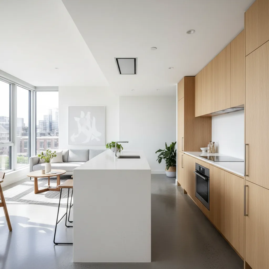 Cocina abierta moderna integrada con el salón en una casa pequeña