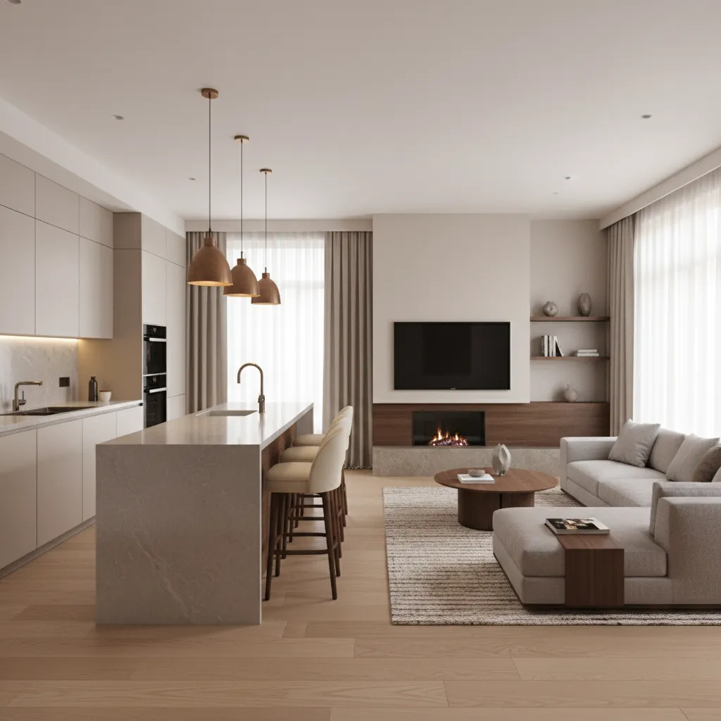 open layout kitchen and living area in a small luxury house