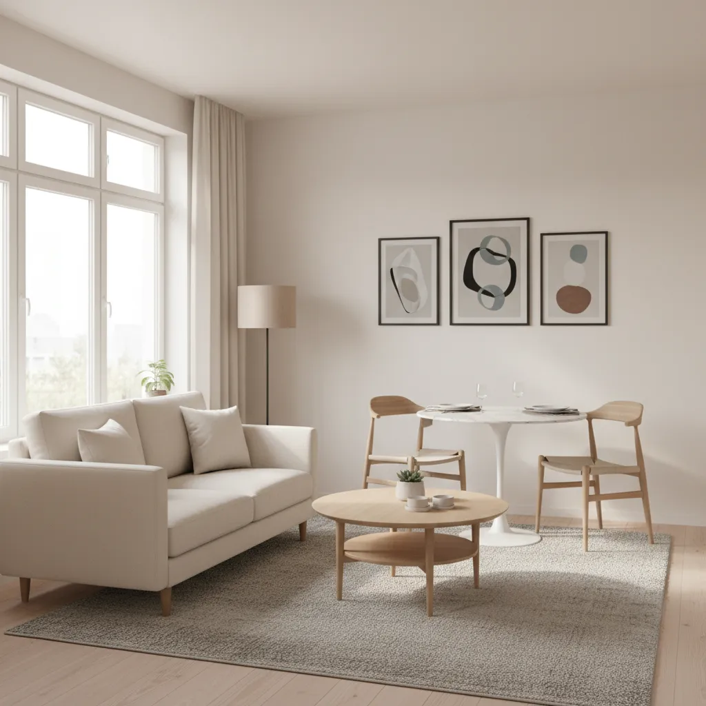 Small open living dining room layout with sofa and compact dining table
