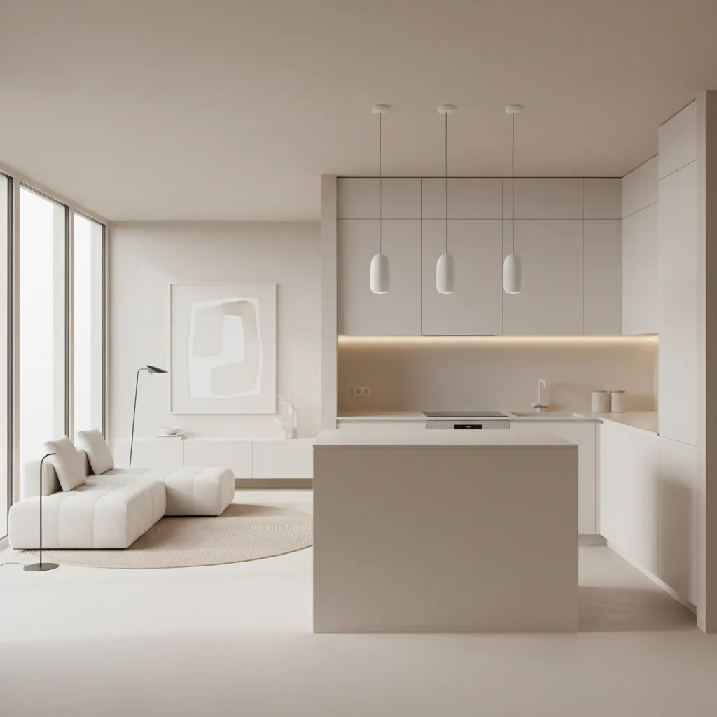 Light neutral open kitchen living room design making space look larger