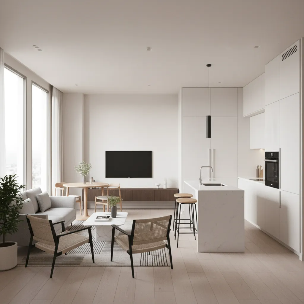 sala e cozinha integradas em casa pequena moderna
