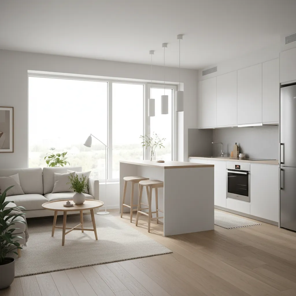 Modern open plan living room and kitchen featuring white cabinets, wood flooring, sofa, and island