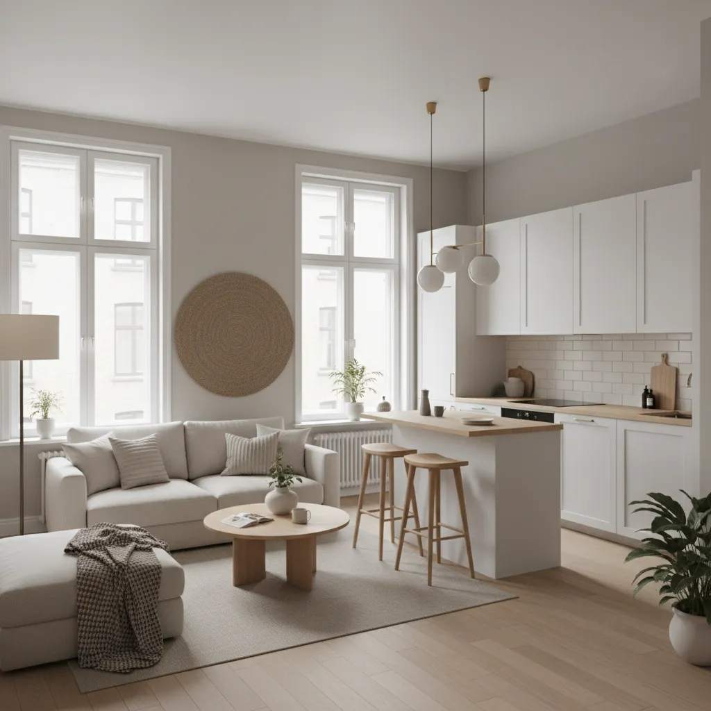 Interior de casa pequeña con sala y cocina abiertas