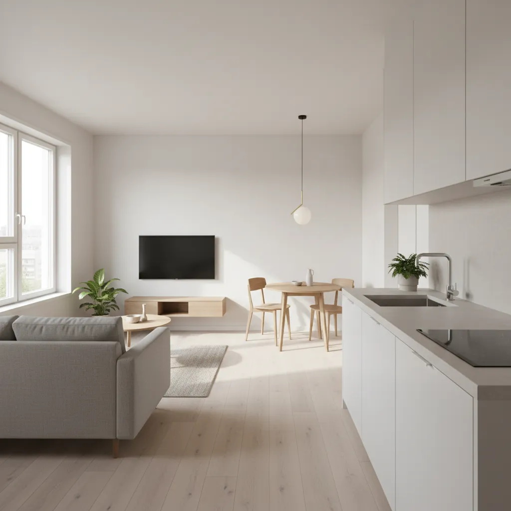 Interior de casa pequeña con sala, comedor y cocina integrados