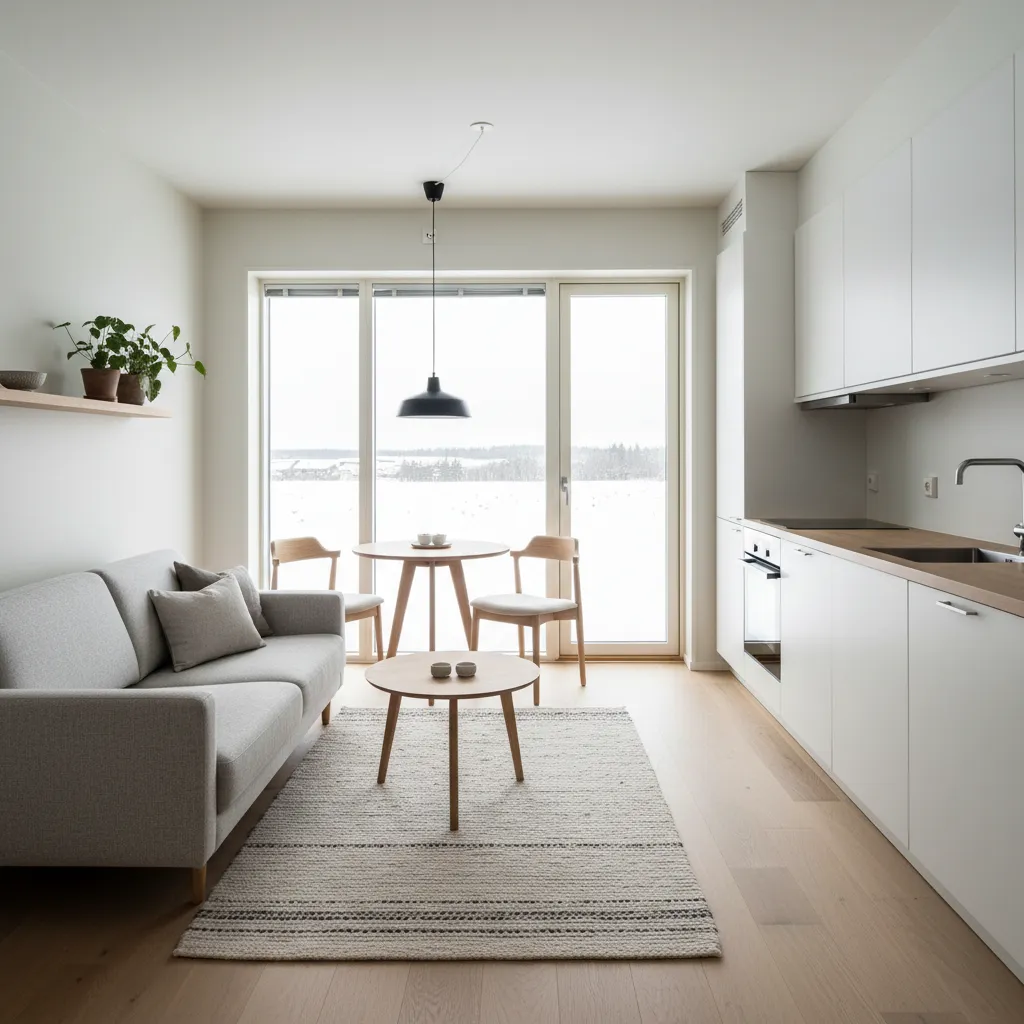 Interior de casa pequeña con cocina y sala integradas en un espacio abierto