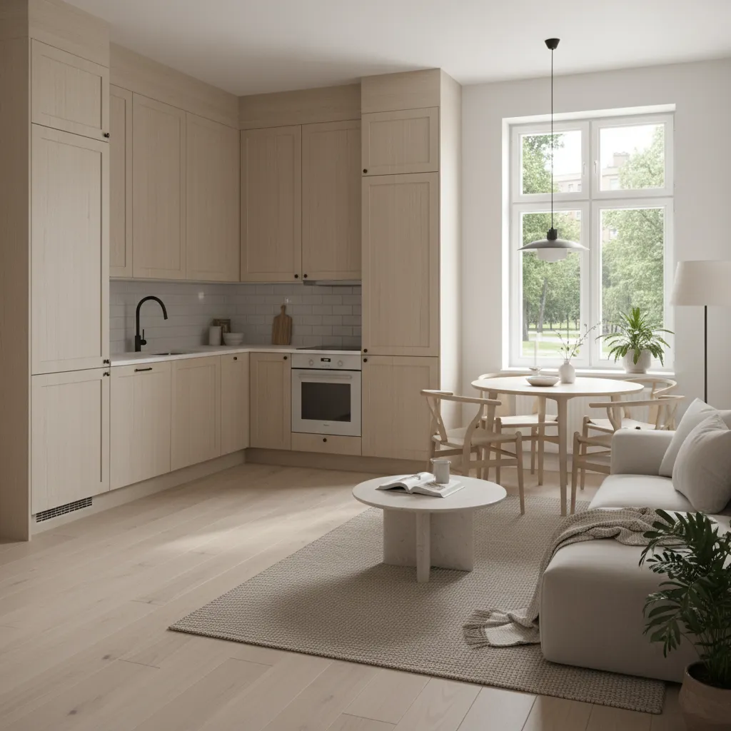 Finished small open plan kitchen dining living room with cohesive design