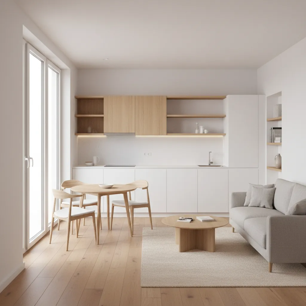 Compact L shaped kitchen integrated into a small open plan living dining room