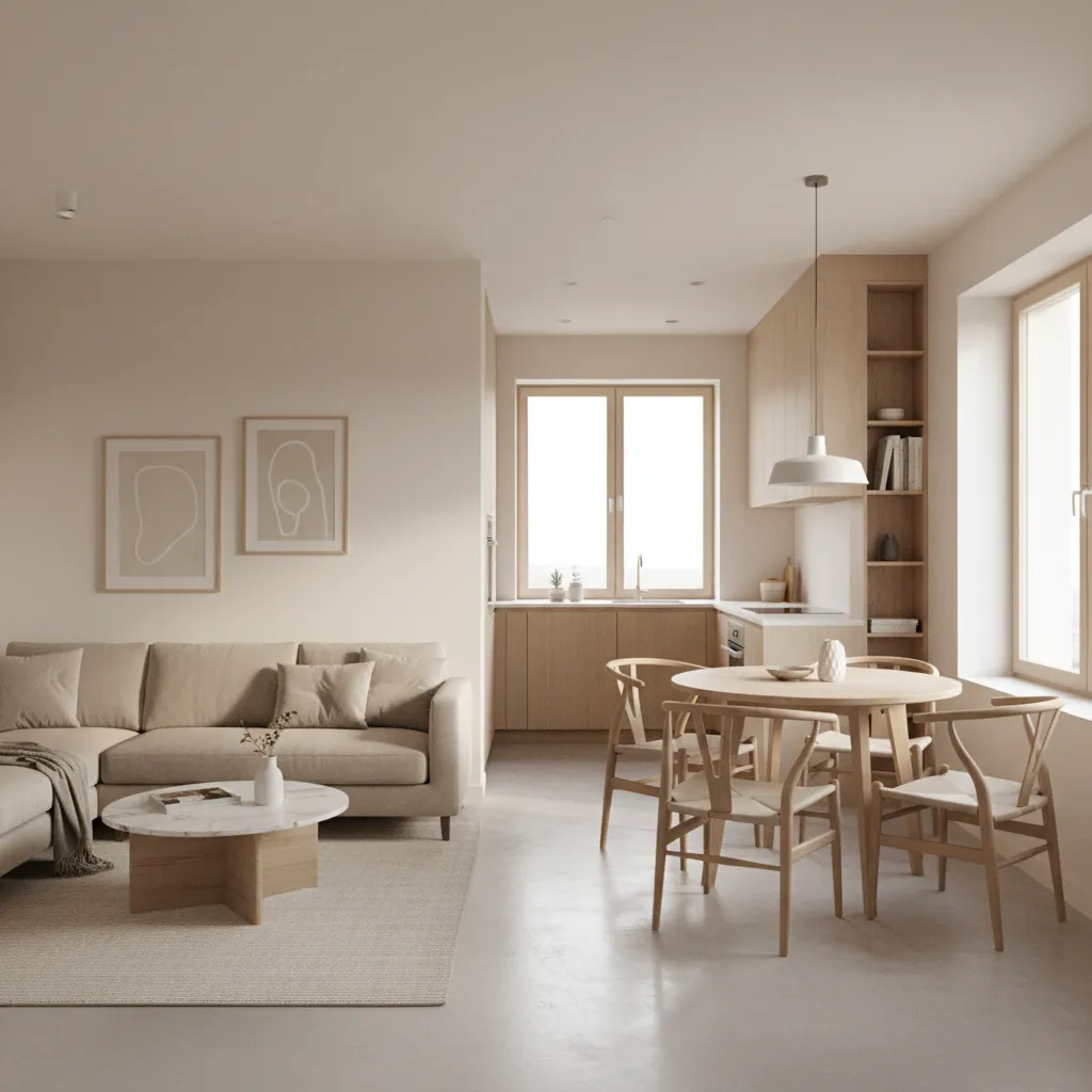 Small open plan living room and dining room with sofa and compact dining table